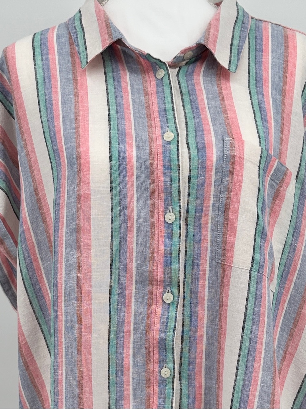 Orvis Linen Blend Striped Button Front Top XXL Pink Blue Dolman Sleeve Coastal